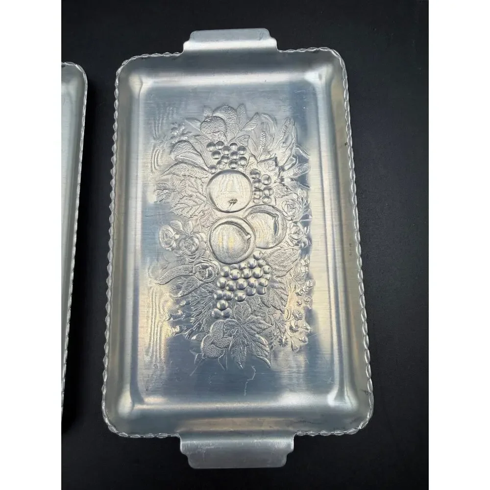 Vintage Aluminum Snack Trays Fruit Design 4x7 Set of 4 Embossed Mid Century